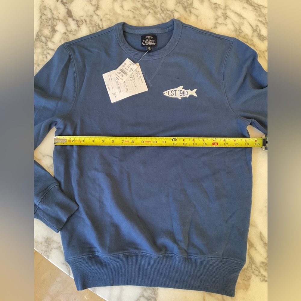 NWT J. Crew men’s blue crew neck 1983 Shark sweatshirt Sz S - Sliced above logo - Picture 4 of 6